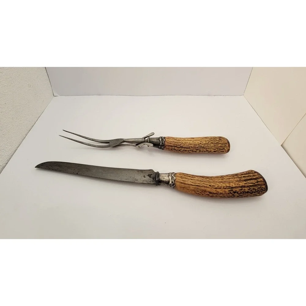 Antique Landers Frary Clark Stag Antler Carving Knife Fork Set Aetna Works